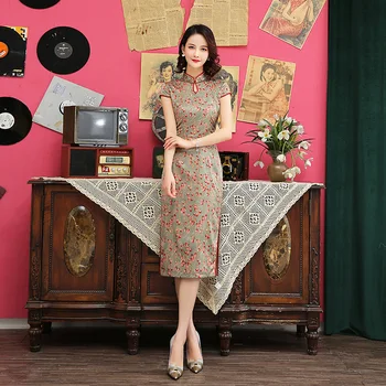 

Vintage Short Ladies Printed Chinese Traditional Slim Qipao Classic Mandarin Collar Stage Show Elegant Female Cheongsam M-5XL
