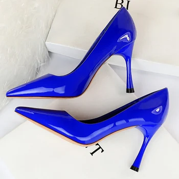 

2020 Women 9cm High Heels Leather Red Pumps Lady Scarpins Fetish Stiletto Heels Sexy Blue Office Wedding Bridal Prom Party Shoes