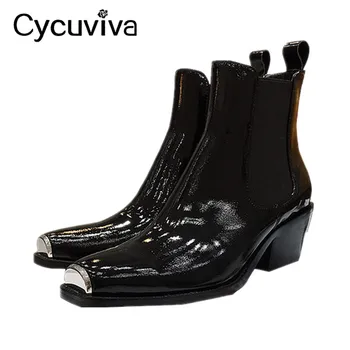 

Chelsea Boots Designer Luxurious Genuine Leather Women Boots Metal Decorative Square Toe High Heel Ankle Boots