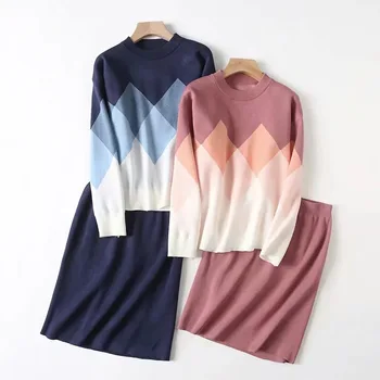 

Korea Women Autumn Wear Diamond Pattern Jacquard Knitted slim Dress Suit Sweater