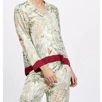 

New Autumn Casual Long Sleeve Satin Pajama Set Green Grass Printing Sleepwear Loungewear Women Turn-down Collar Pijama Mujer
