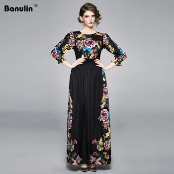 

Banulin Runway Designer Spring Autumn Long Dresses Women Long Sleeve Robe Vintage Print Beach Holiday Maxi Dresses Vestdios