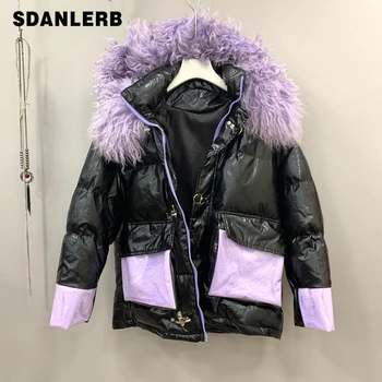 

Winter Thick Warm Parka Real Sheep Fur Collar Purple Lamb Fur Large Pocket Loose Down Cotton Coat Female Ladies Street Windproof