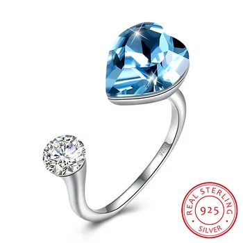 

LEKANI Crystals From Swarovski Rose Gold Plated Heart Open Rings Adjustable Real S925 Silver Fine Finger Jewelry For Women Gifts