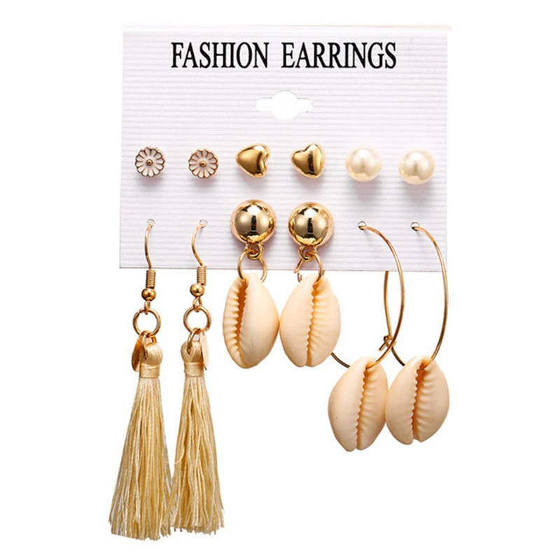 

Boho Sea Shell Tassel Earrings Set For Women Fashion Jewelry Gold Simulation Pearl Big Circle Earring Bohemian Beach Accessories