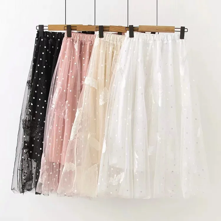 

2020 Spring New Style Fresh Elegant Literature And Art Wool Yarn Feather Embroidered Elastic Waist GIRL'S Skirt