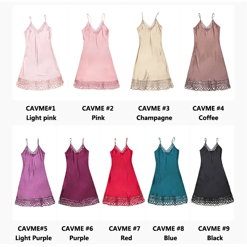 CAVME Silk Nightdress for Women Spaghetti Strap One Pieces Inner Long Dress Solid Color Elegant Sleepwear