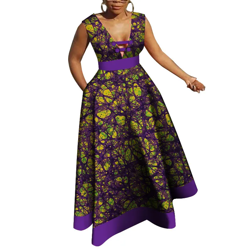 Bazin Riche, африканские платья для женщин, Дашики, пэчворк, воск, принт, вечерние, длинные, v-образный вырез, платья для женщин, африканская одежда WY4176 - Цвет: 12