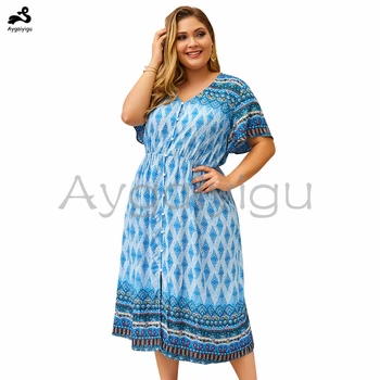 

Aygaiyigu Big Size Geometric Printed Dress Women Casual Midi Dresses Plus Size V-neck Short Flare Sleeve Poly-cotton Clothing