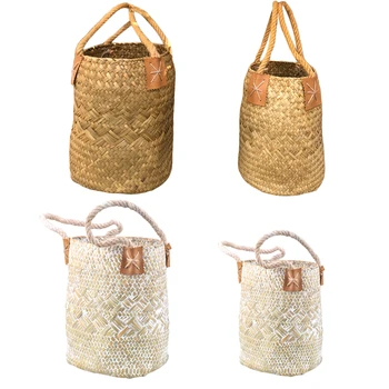 

1 Pc Natural Woven Seaweed Shopping Basket Nordic Fruit Gardening Laundry Storage Basket Flower Pot With Handle Home Storage Bag