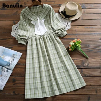 

Banulin Mori girl cute kawaii fashion plaid dress autumn korean style peter pan collar long sleeve casual dress for women lady