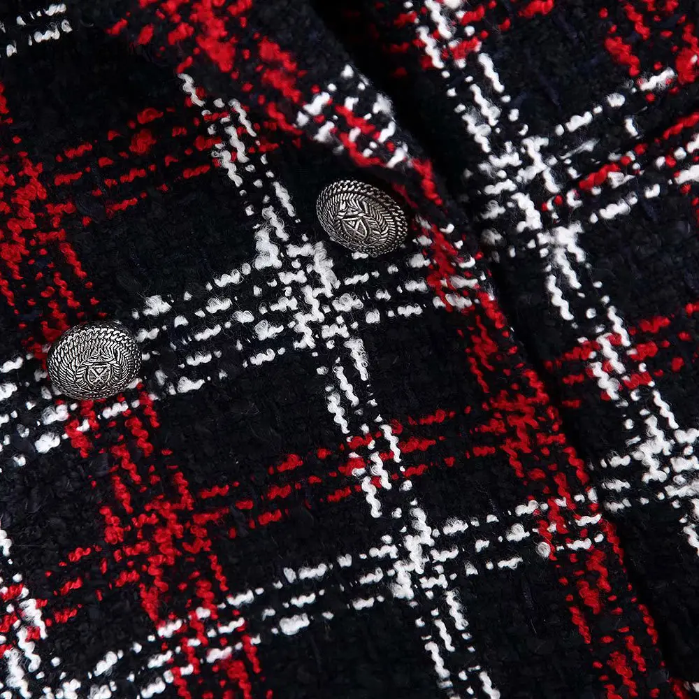 Women Office Lady Plaid Double Breasted Tweed Blazer Coat Vintage Fashion Long Sleeve Pockets Ladies Outerwear Chic Tops