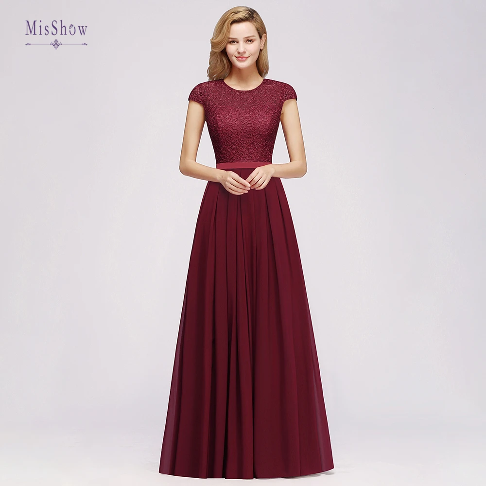 

In Stock Burgundy Lace Chiffon Long Evening Dresses For Women Elegant Short Sleeve Party Prom Formal Gowns Robe De Soiree