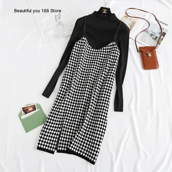

women's autumn winter Knitted dress long skirt over knee Plaid suspender skirt knitted sweater with two-piece dress