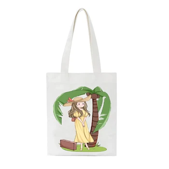 

Women Canvas Shoulder Bag Cartoon Girl Ladies Cloth Handbag Foldable Reusable Shopping Tote Schoolgirl Simple Eco Shopper Bag