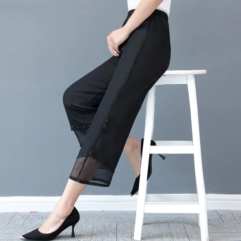 

capris pants for women chiffon casual pants summer new plus size middle age mother elastic waist ladies loose black pants 4xl