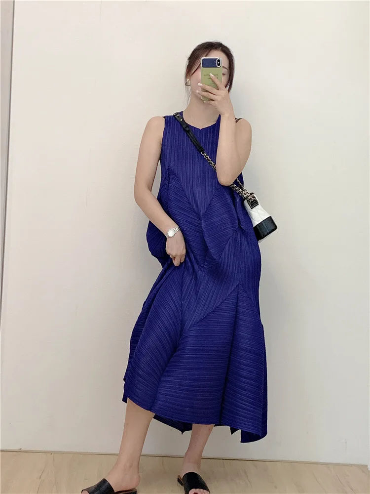 Горячая Miyake модное складное платье без рукавов однотонное с v-образным вырезом длинное платье