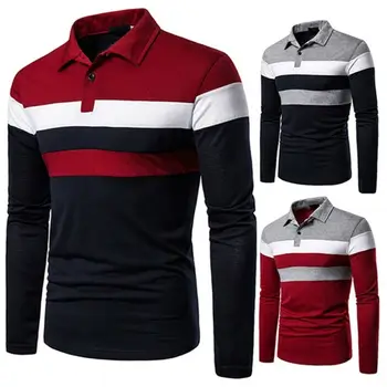

Men T Shirt Long Sleeve Pullover Casual Turn down Collar Stretch Slim Basic T Shirt Striped Tee Top