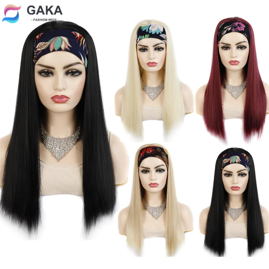 Discount Wigs Hair-Headbands Blonde Straight-Wrap Synthetic 22-Inches Black-Color Long Women GAKA OnwZe3VwR5l