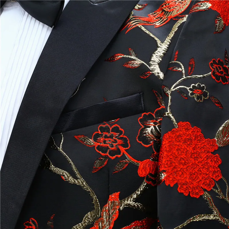 Банкетный костюм для вечеринки, мужской повседневный черный костюм, комплект, тонкий лацкан, цветок и птица, вышивка, украшение на одной пуговице, модный костюм(пальто+ брюки