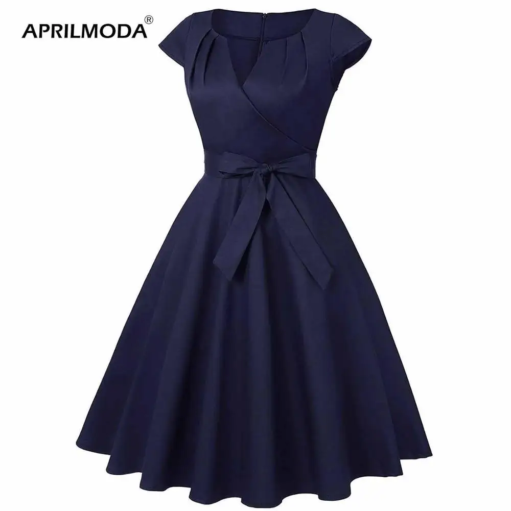 Navy Blue Black Audrey Hepburn Dress V Neck Cotton Short Sleeve 50s 60s 1950s Retro Vintage Big Swing Pinup Rockabilly Dresses