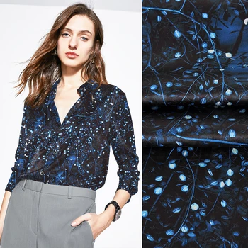 

2 meter Natural Silk Dress Shirt Fabric Stretch Satin Blue Shadow Branch White Flower