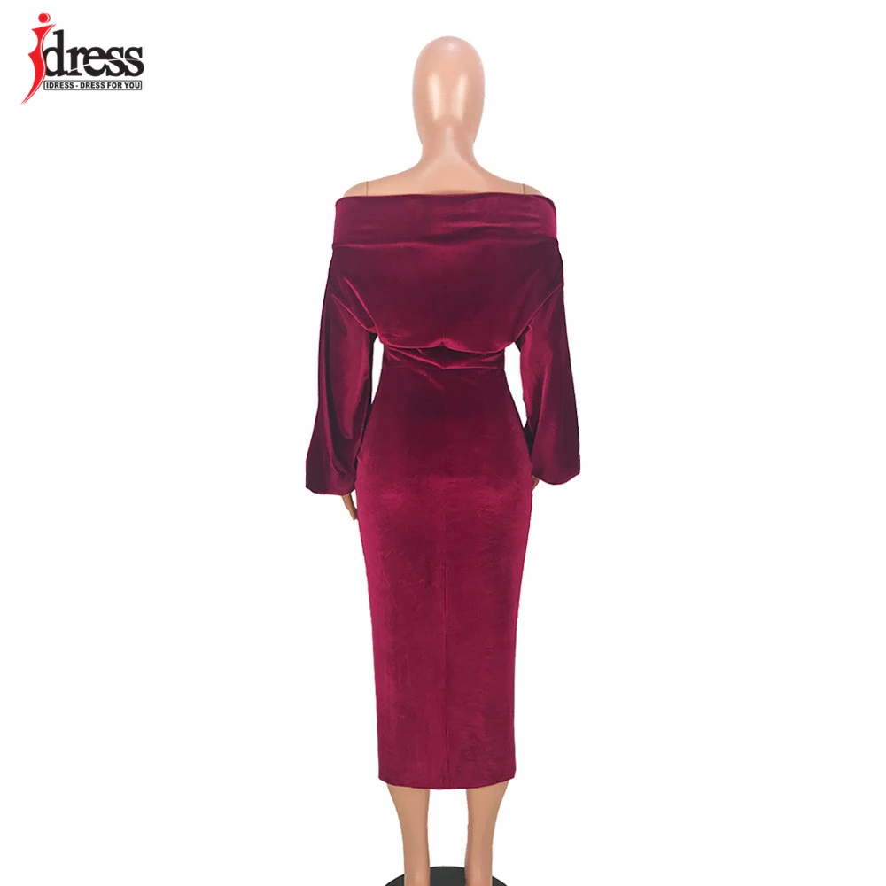 IDress 2020 Sexy Slim Off-Shoulder Nightclub Black Green Red Party Dress Lady Long Sleeve Bodycon Autumn Winter Velvet Dress (1)