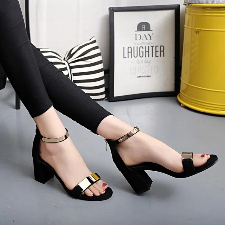 

2018 Summer And Autumn Sequin Chunky-Heel High-heeled Sandals Women's after Zipper Open Toe Sandals Casual Daily Life Work Sanda
