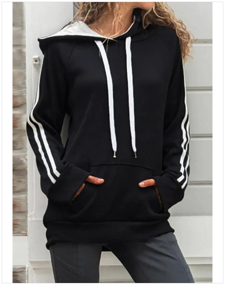 Basic Cotton Hoodie with Kangaroo Pocket New Stripe Stitching Long-sleeved Kangaroo Pocket Jacket
