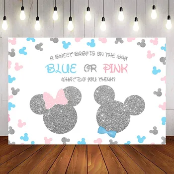 

Mickey or Minnie gender reveal blue or Pink Sweet Baby backdrop for photography studio custom baby shower party deocration