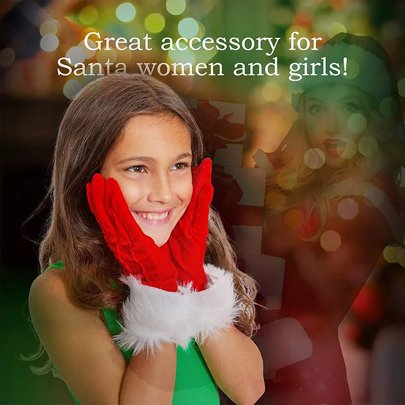 

Christmas Skeleteen Red Fur Costume Velvet Gloves with White Furry Cuff Accessories for Costumes for Santa Women and Girl