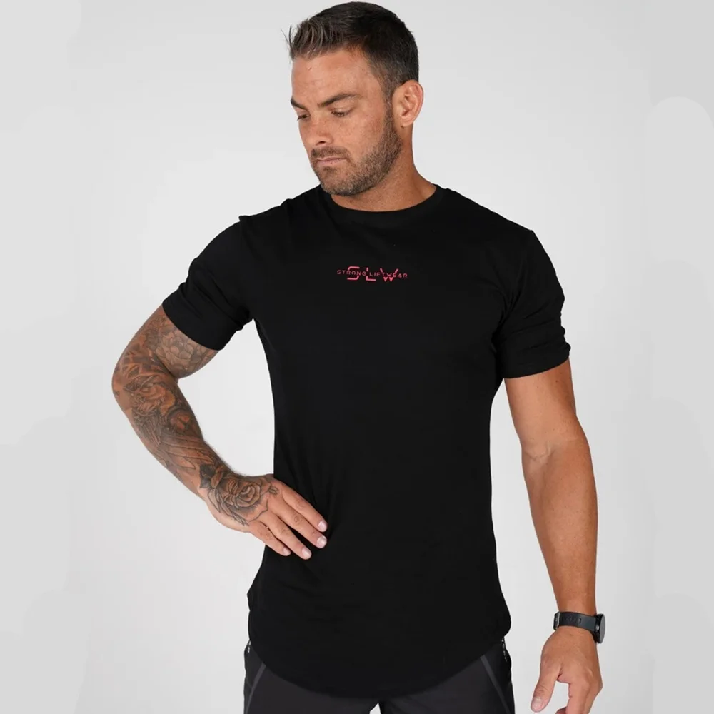 Casual Cotton Print t shirt Men Gyms Fitness Short sleeve T shirt Male Bodybuilding Workout Black 2