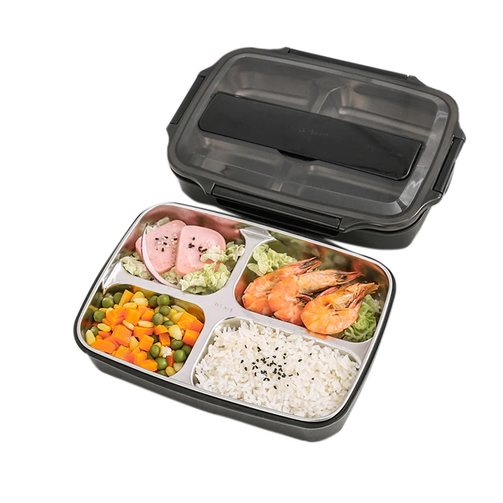 Коробка обед пищевой контейнер от боли в спине Пластик микроволновая печь многоразовая нержавеющая сталь DC156 - Цвет: black-4 grid