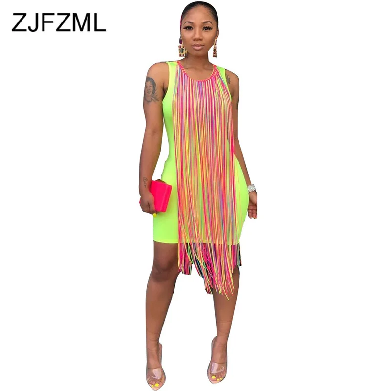 

Colorful Tassels Sexy Mini Dress Women Sleeveless Open Back Neon Green Skinny Sundress Summer Bodycon Package Hip Dress Vestido