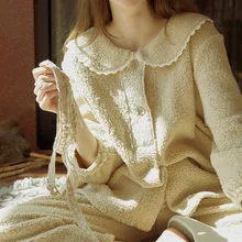 Korean Pajamas Women's Winter Thickened Plush Autumn And Winter Long Sleeves Women's Lovely Bubble Velvet Home Clothes Fashion