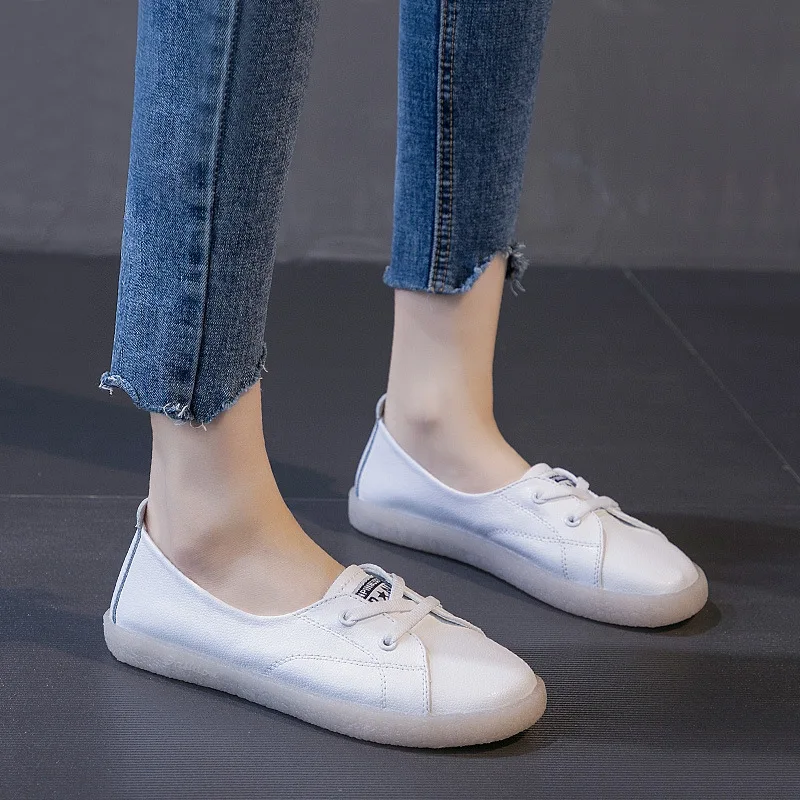 

Low-Cut White Shoes Women's 2019 Autumn Genuine Leather Versatile Breathable Soft Leather Soft Bottom Slip-on Flat Keel Thin Sho