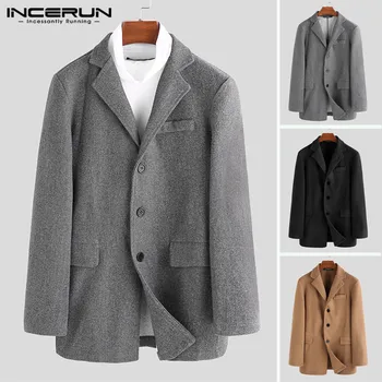 

INCERUN Mens Lapel Collar Long Sleeve Woolen Coats Fashion Solid Color Warm Single Breasted Overcoat Autumn Mens Slim Coats 3XL