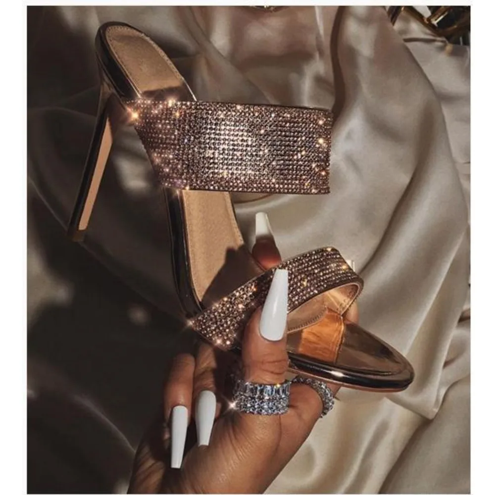 

Cloth New Sequined Summer High Heels Slippers Open Toe Thin Heels Crystal Mules Women's Shoes Slippers PU Size 35-42