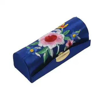 

Lady Floral Embroidery Mirror Lipgloss Lip Stick Case Jewelry Lipstick Box Holder Dark Blue