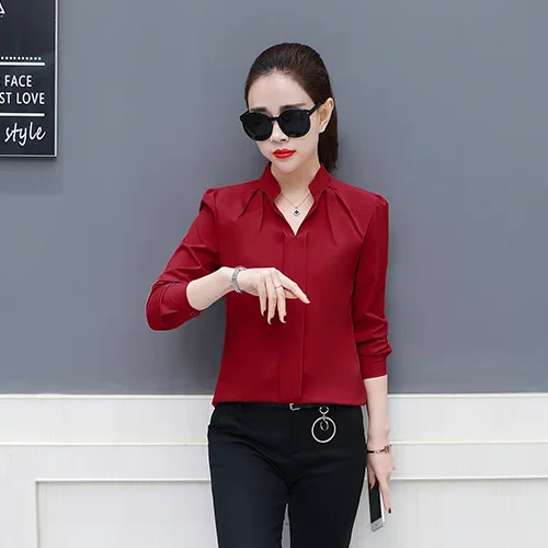 New Spring Autumn Tops Women Slim Pink Shirts Casual Long Sleeve V-Neck Solid Blouse Fashion Womens Chiffon Work Blouses