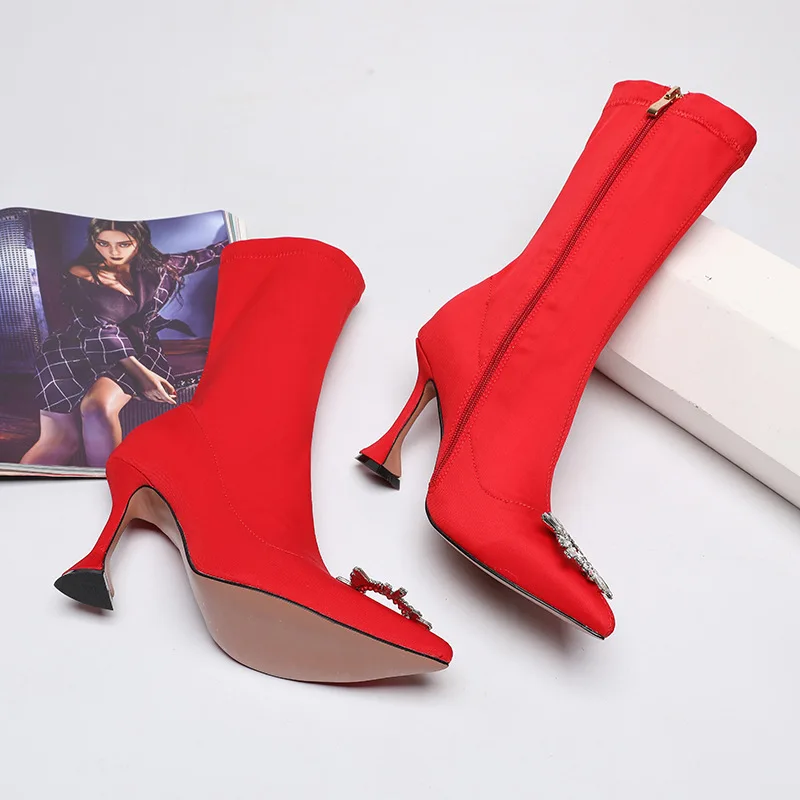 Brand Design Rhinestone Strange Heel Ankle Boots Women Winter Luxury Bling Crystal Boots Women Dress Shoes Woman Red Black