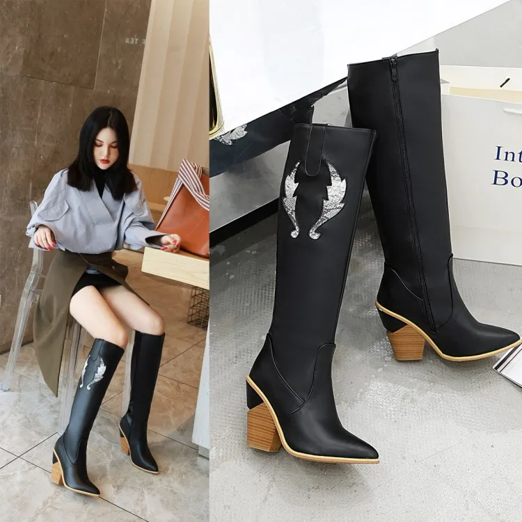 

women knee high boots mid med heels round toe ethic shoes woman chaussure zapatos mujer gladiator vintage PU girl booties