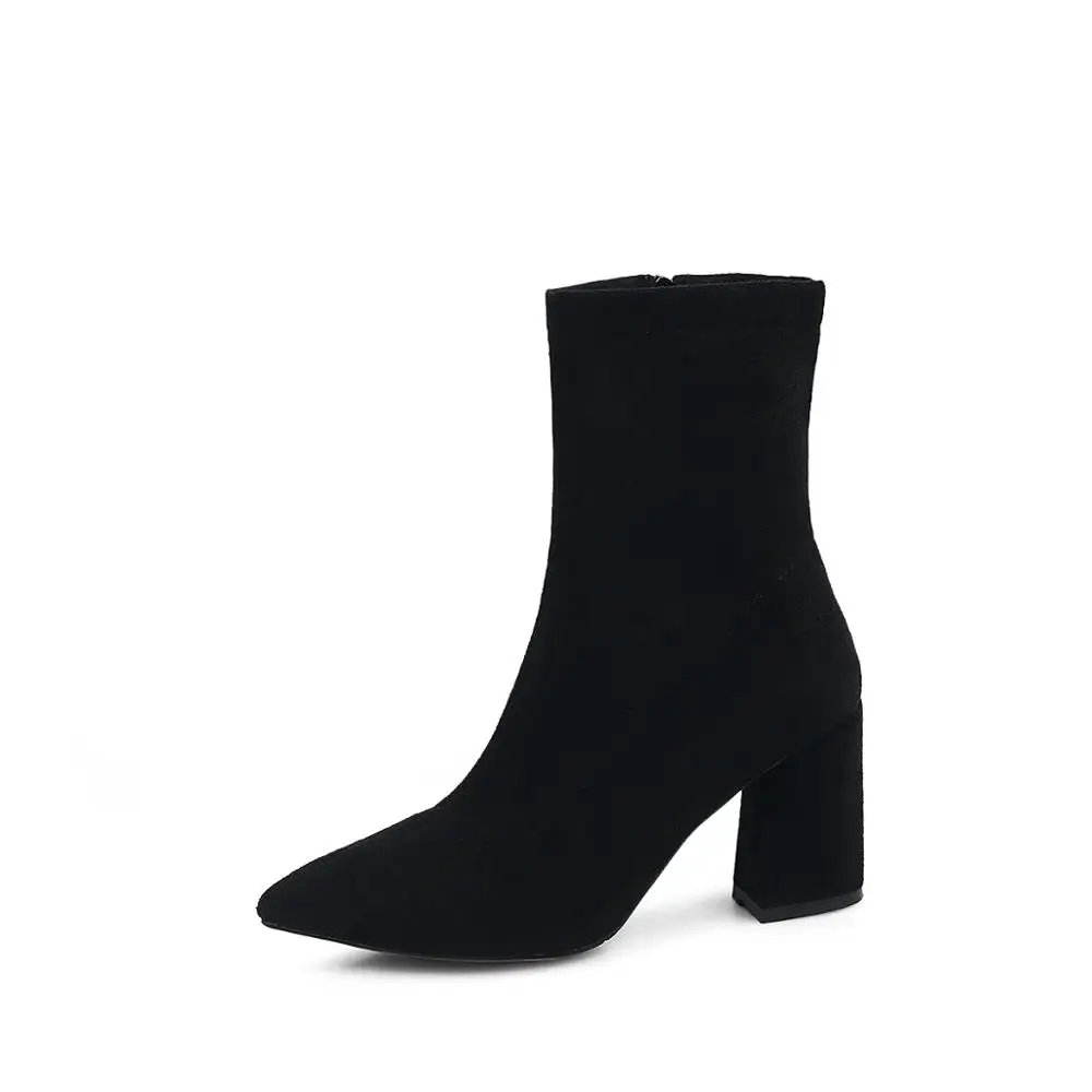 thick heel black Г. Женские ботильоны женские полусапожки Сапоги выше колена на высоком каблуке 8 см обувь с острым носком на платформе с красной подошвой и боковой молнией - Цвет: thick heel black