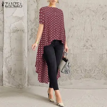 

ZANZEA 2020 Elegant Asymmetrical Tops Women's Summer Blouse Casual Short Sleeve Shirts Female Polka Dot Printed Blusas Plus Size