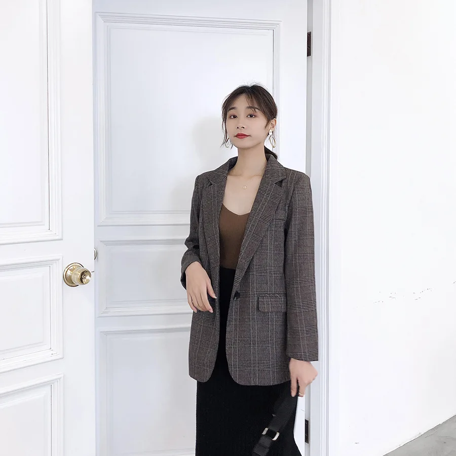 

Spring And Autumn Plaid Coat Women's Slim Fit Slimming Suit Jacket Women's Korean-style Wear Retro Fashion Simple Coat