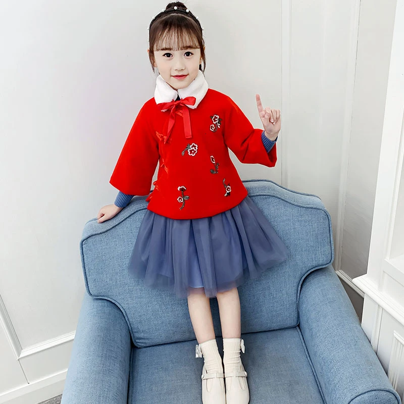 Красное зимнее детское китайское Новогоднее платье Ципао детский чеонгсам, костюм, платья китайское платье с длинными рукавами