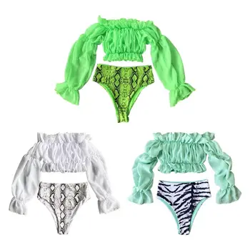 

Women Sexy Bikini Off Shoulder Puff Sleeve Chiffon Top Snakeskin Thong Beachwear
