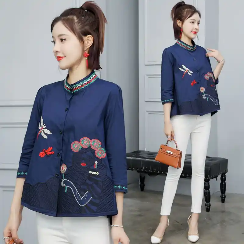 花刺繍シャツ女性 夏のスタンドカラーカジュアルブラウスファッションエレガントな女性の服トップス ブラウス シャツ Aliexpress