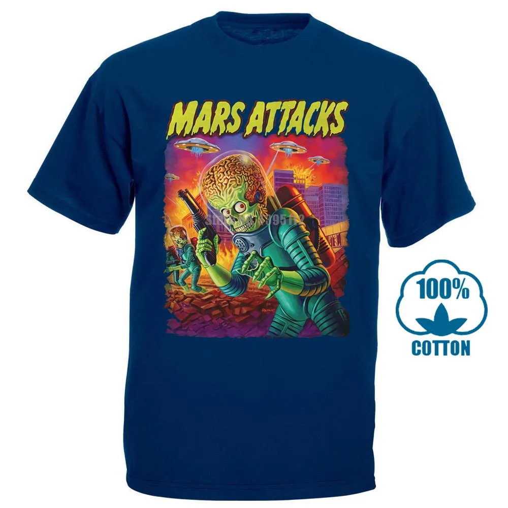 Mars Attacks Movie Мужская футболка атакующий инопланетянин с блюдцем заполненное небо - Цвет: Тёмно-синий