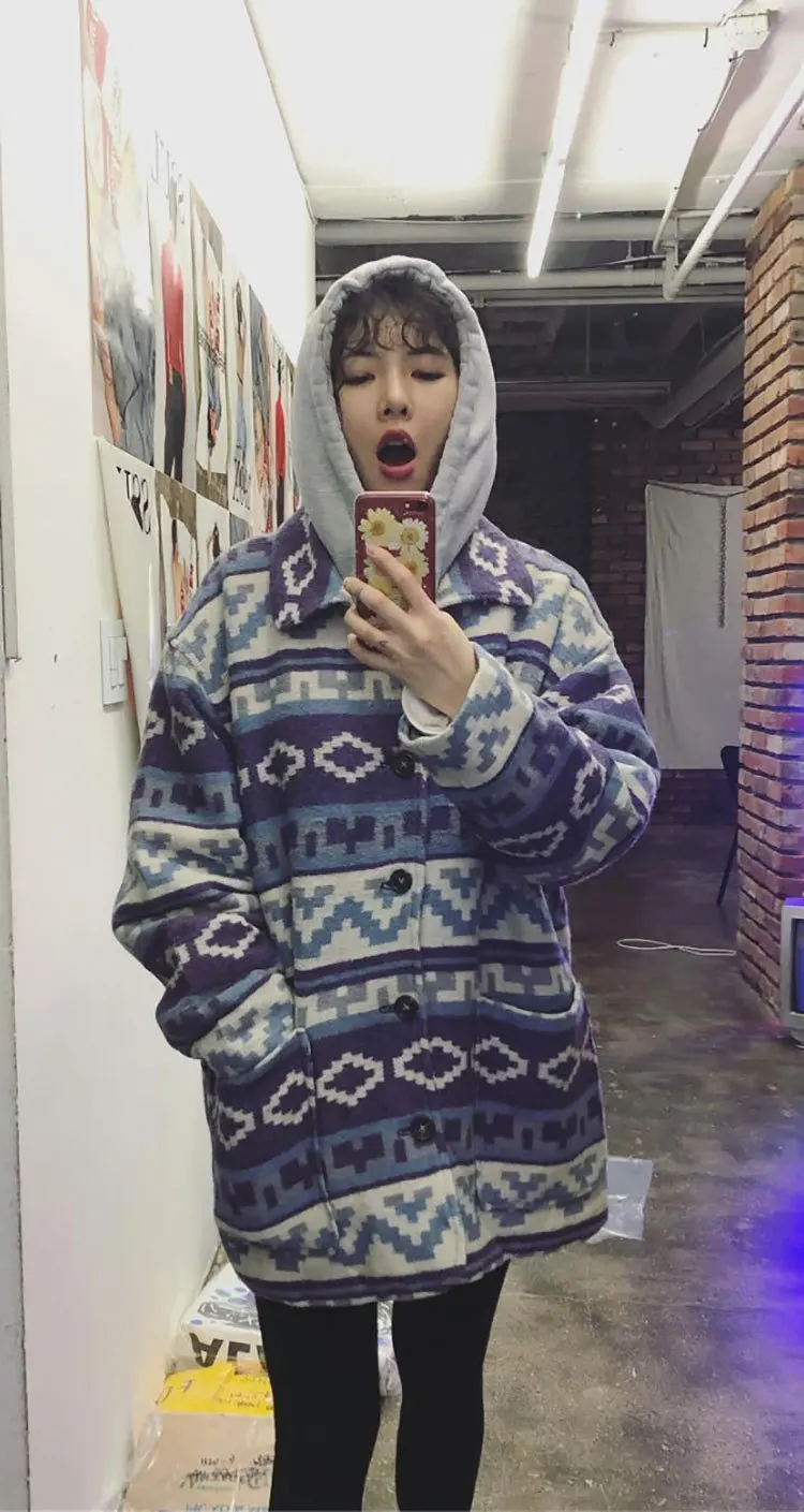 Kpop 4Minute Kim Hyun/одинаковые жаккардовые однобортные толстовки с отворотом, женские корейские Осенние теплые шерстяные Свободные толстовки, Женское пальто